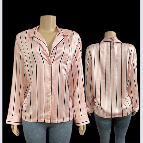 Victorias Secret SILKY SATIN Pajama Jacket Top Only peach Striped Large - Picture 1 of 3